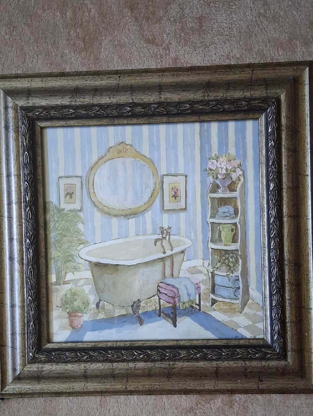 VINTAGE Framed Home Bath Wall Art - Blue Striped Bathroom Scene